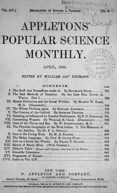 Appletons' Popular Science Monthly, April 1899&#10;Volume LIV, No. 6, April 1899