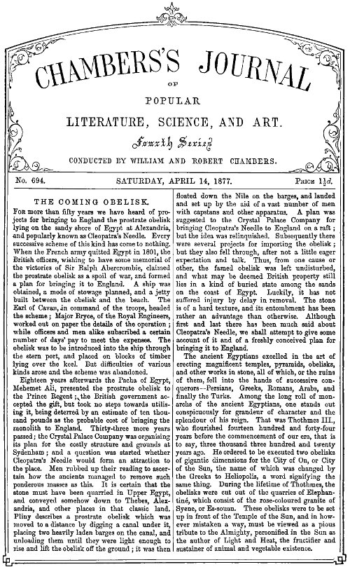 Chambers's Journal of Popular Literature, Science, and Art, No. 694&#10;April 14, 1877.