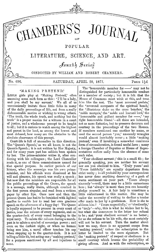 Chambers's Journal of Popular Literature, Science, and Art, No. 696&#10;April 28, 1877.