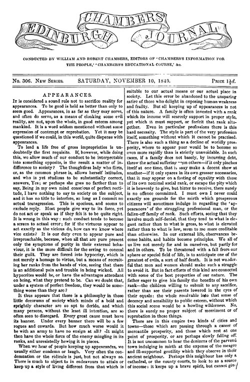 Chambers'ın Edinburg Dergisi, No. 306Yeni Seri, Cumartesi, 10 Kasım 1849