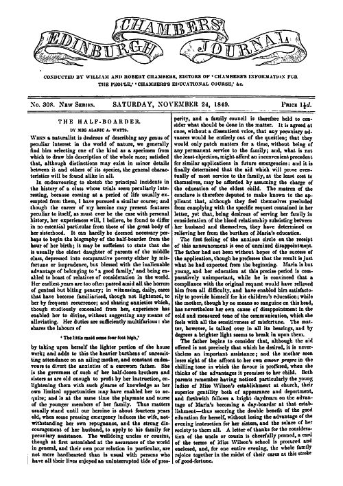 Chambers'ın Edinburgh Dergisi, No. 308 Yeni Seri, Cumartesi, 24 Kasım 1849