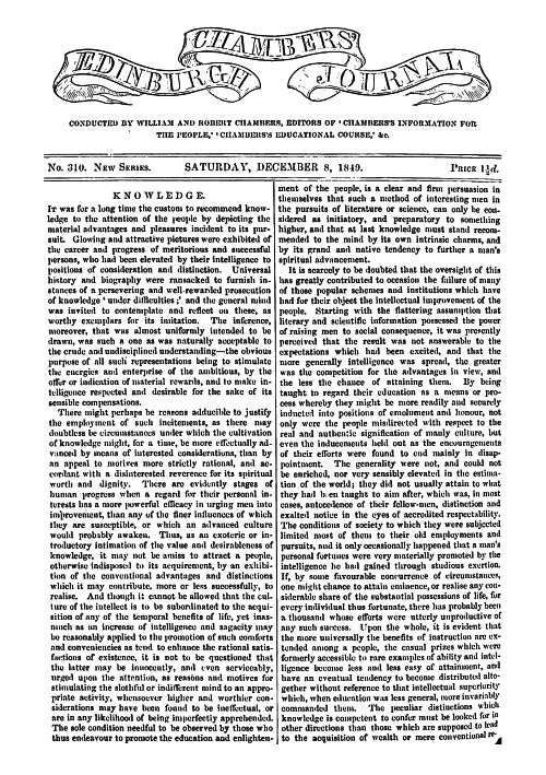 Chambers'ın Edinburgh Dergisi, Sayı 309 Yeni Seri, Cumartesi, 8 Aralık 1849