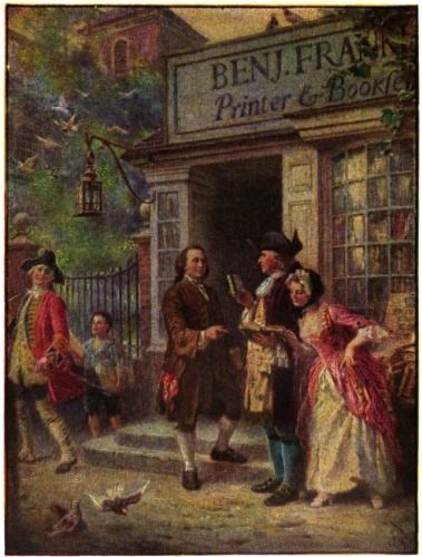 Franklin's Printing Office and Book Shop  Benjamin Franklin, printer, was one of the greatest men of his time. He wrote philosophical essays and some doggerel verse, published “Poor Richard’s Almanac,” and became a great invento. The painting shows Christ Shurch in the background.