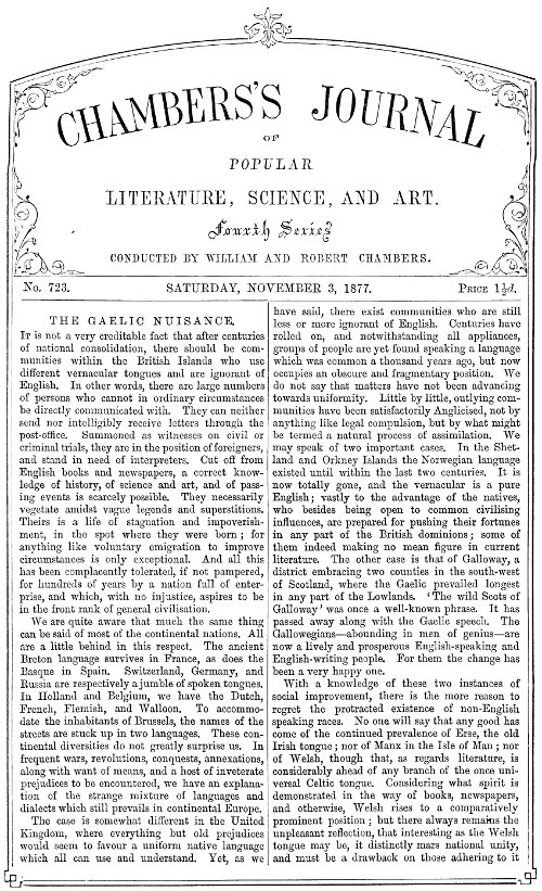 Chambers's Journal of Popular Literature, Science, and Art, No. 723&#10;November 3, 1877