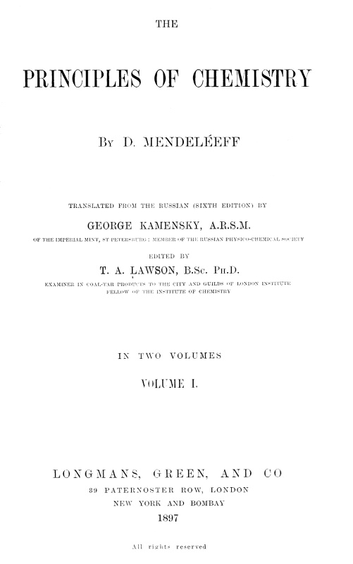 The Principles of Chemistry, Volume I