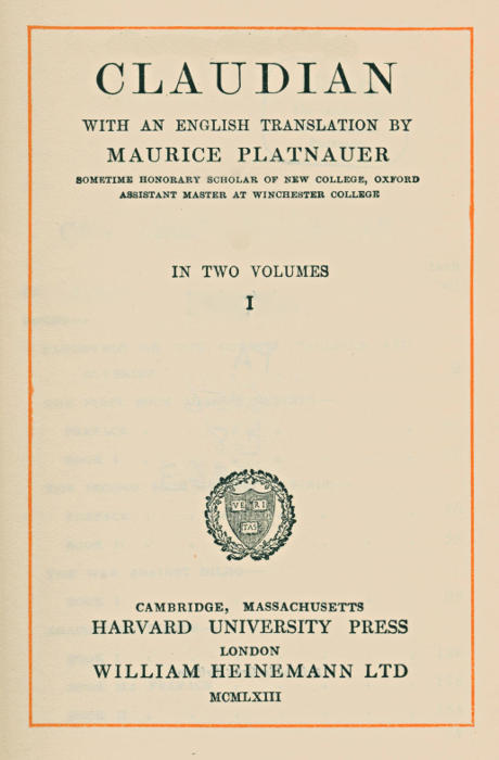 Claudian, volume 1 (of 2)&#10;With an English translation by Maurice Platnauer