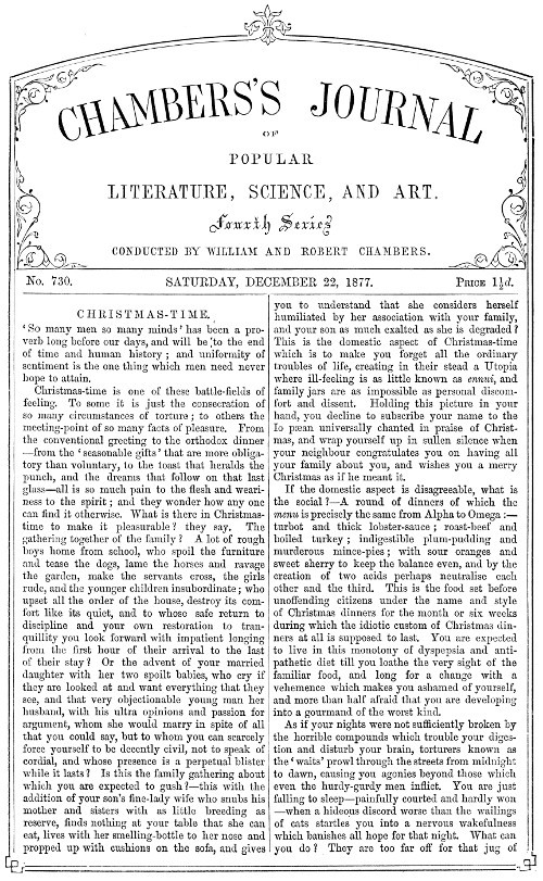 Chambers'ın Halk Edebiyatı, Bilim ve Sanat Dergisi, No. 730&#10;22 Aralık, 1877