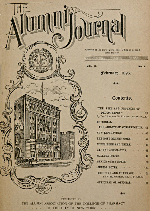 New York Şehri Eczacılık Koleji Mezun Dergisi, Cilt II, No. 2, Şubat 1895