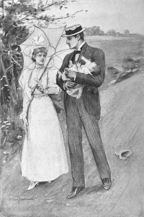 [Frontispiece: Dot and Larrie, holding the baby, walk down a road arguing.   Dot is dressed in white and carrying a white parasol, while Larrie is dressed in a dark suit and boater.   The baby's bonnet has fallen on the road.    Illustration is signed St Clair Simmons.]