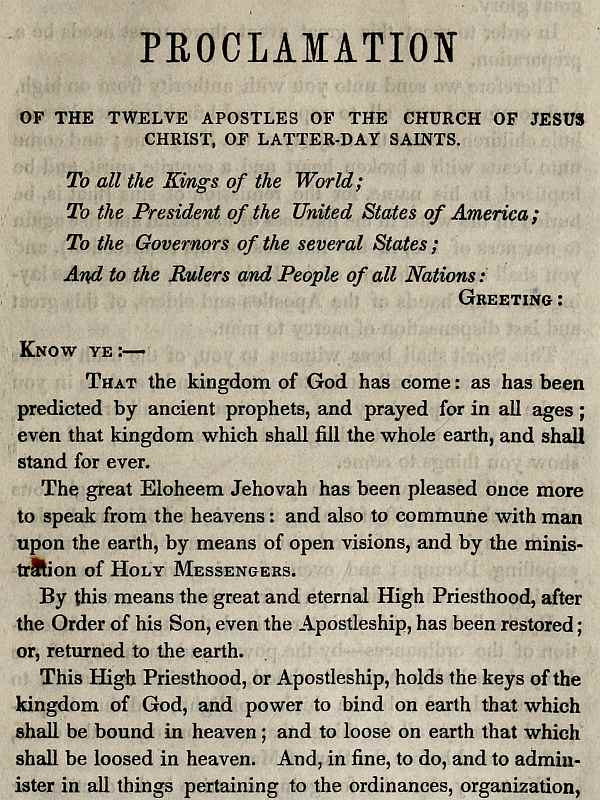 Proclamation of the Twelve Apostles of the Church of Jesus Christ of Latter-Day Saints