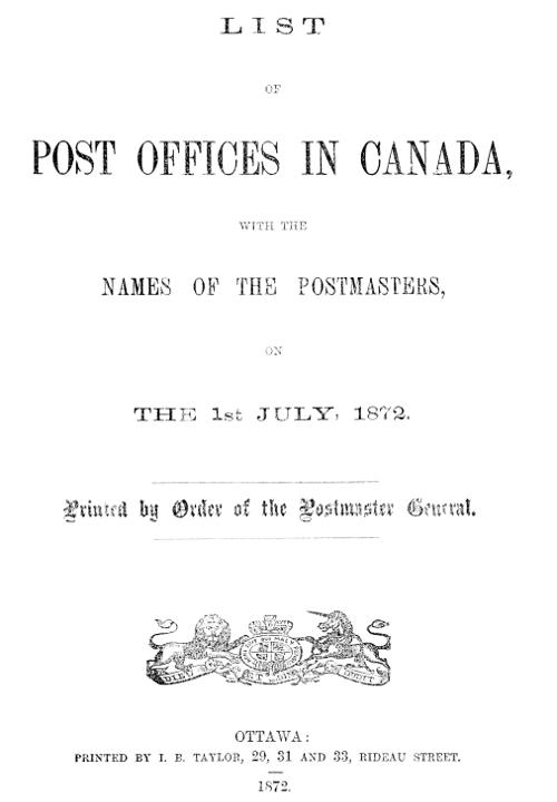 Kanada'daki Postanelerin Listesi, Posta Müdürlerinin İsimleri... 1872