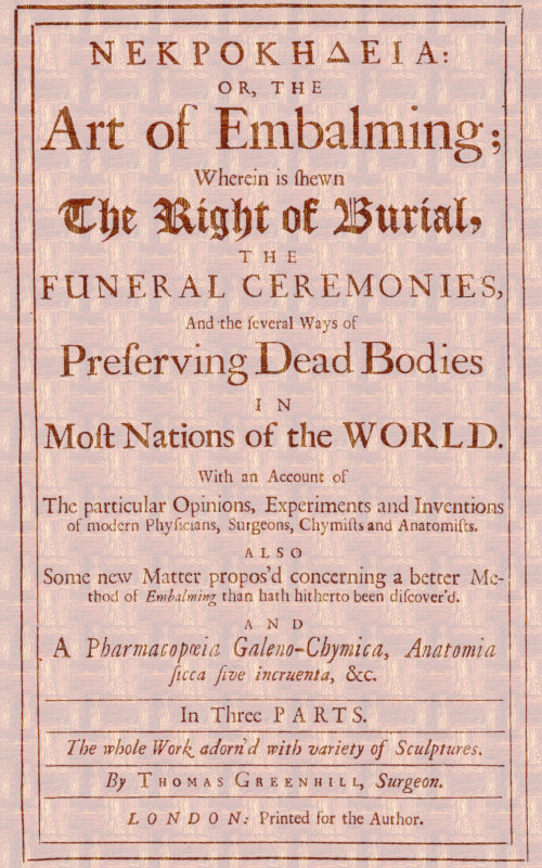 ΝΕΚΡΟΚΗΔΕΙΑ; Or, the Art of Embalming;&#10;Wherein Is Shewn the Right of Burial, and Funeral Ceremonies, Especially That of Preserving Bodies After the Egyptian Method. Together With an Account of the Egyptian Mummies, Pyramids, Subterranean Vaults and Lamps, and Their Opinion of the Metempsychosis, the Cause of Their Embalming. As Also a Geographical Description of Egypt, the Rise and Course of the Nile, the Temper, Constitution and Physic of the Inhabitants, Their Inventions, Arts, Sciences, Stupendous Works and Sepulchres, and Other Curious Observations Any Ways Relating to the Physiology and Knowledge of This Art.