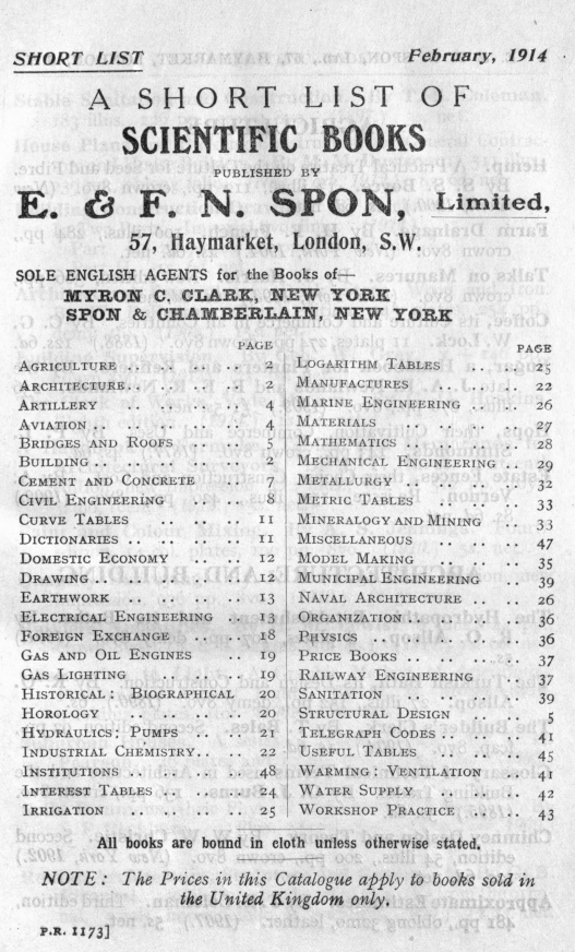 E. & F. N. Spon, Limited tarafından yayınlanan Bilimsel Kitapların Kısa Listesi. Şubat 1914