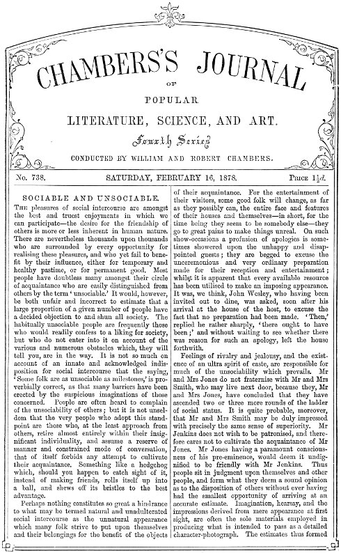 Chambers'ın Halk Edebiyatı, Bilim ve Sanat Dergisi, No. 738, 16 Şubat 1878