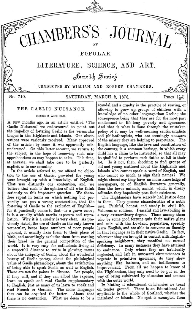 Chambers'ın Halk Edebiyatı, Bilim ve Sanat Dergisi, No. 740, 2 Mart 1878