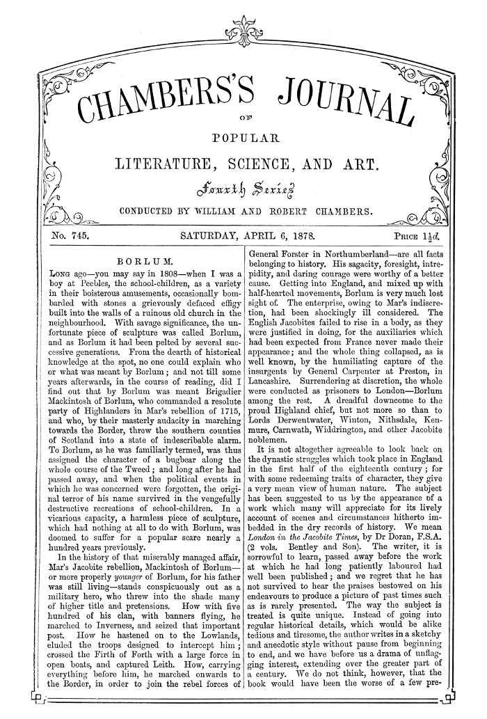 Chambers'ın Halk Edebiyatı, Bilim ve Sanat Dergisi, Sayı 745, 6 Nisan 1878