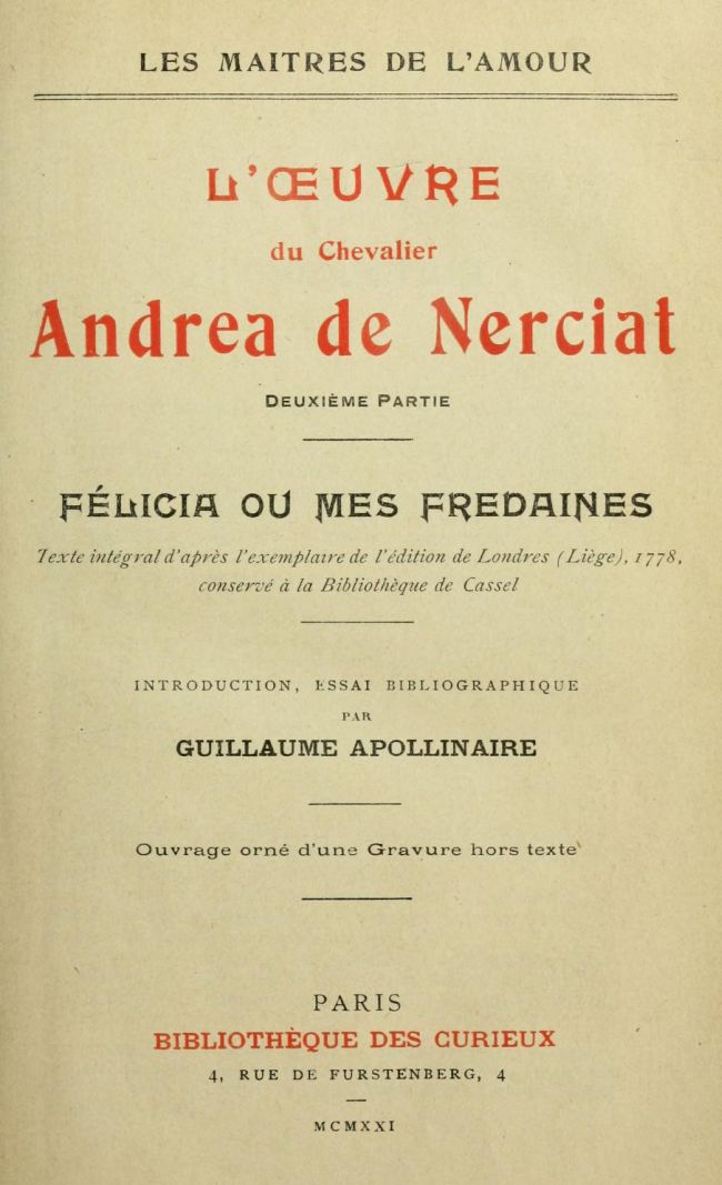 L'oeuvre du chevalier Andrea de Nerciat (2/2)&#10;Félicia ou mes fredaines