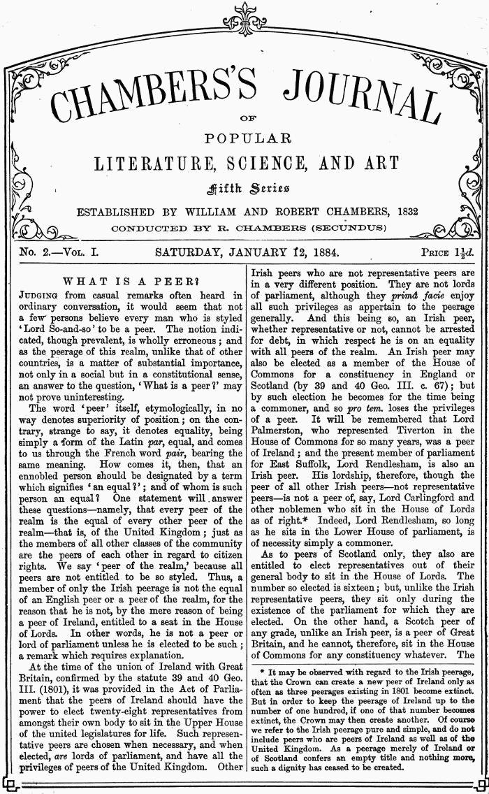 Chambers's Journal of Popular Literature, Science, and Art, Fifth Series, No. 2, Vol. I, January 12, 1884