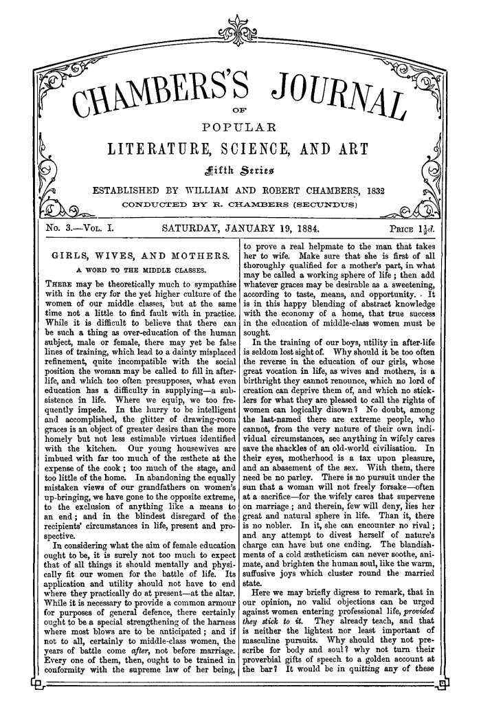 Chambers's Journal of Popular Literature, Science, and Art, Fifth Series, No. 3, Vol. I, January 19, 1884