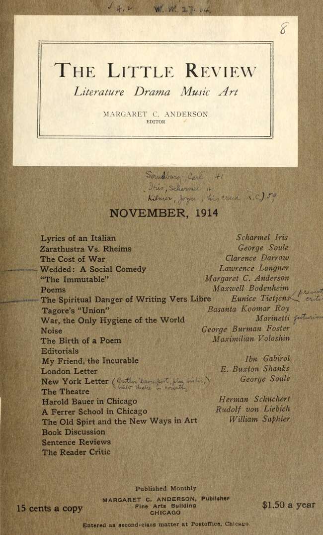 The Little Review, November 1914 (Vol. 1, No. 8)