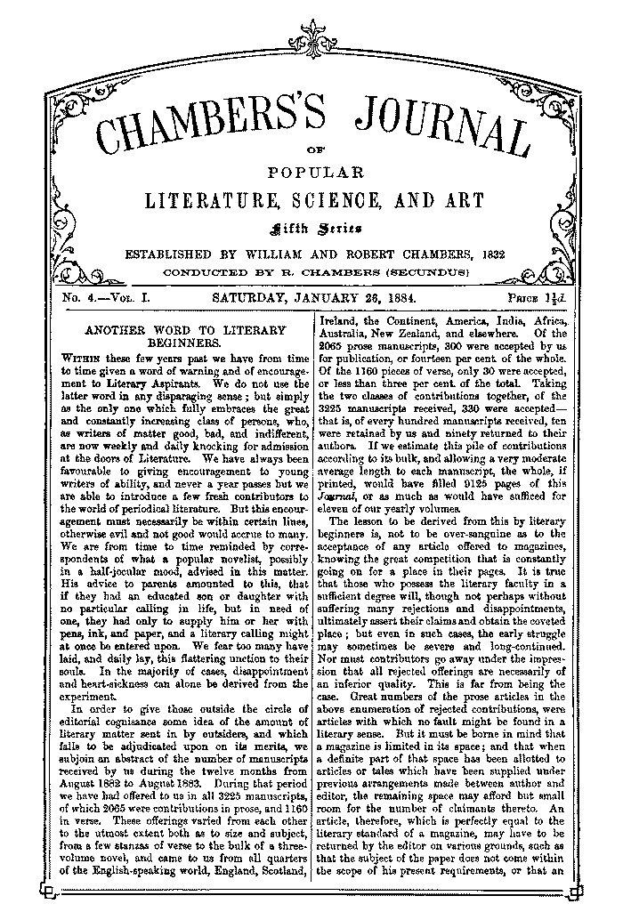 Chambers's Journal of Popular Literature, Science, and Art, Fifth Series, No. 4, Vol. I, January 26, 1884