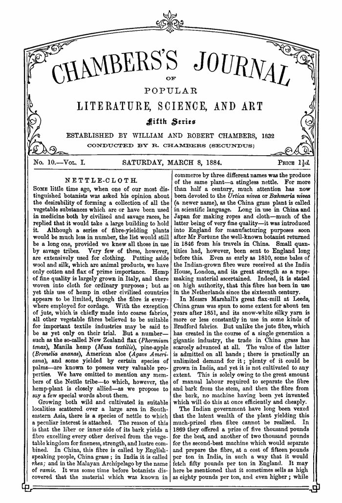 Chambers'ın Halk Edebiyatı, Bilim ve Sanat Dergisi, Beşinci Seri, No. 10, Cilt I, 8 Mart 1884