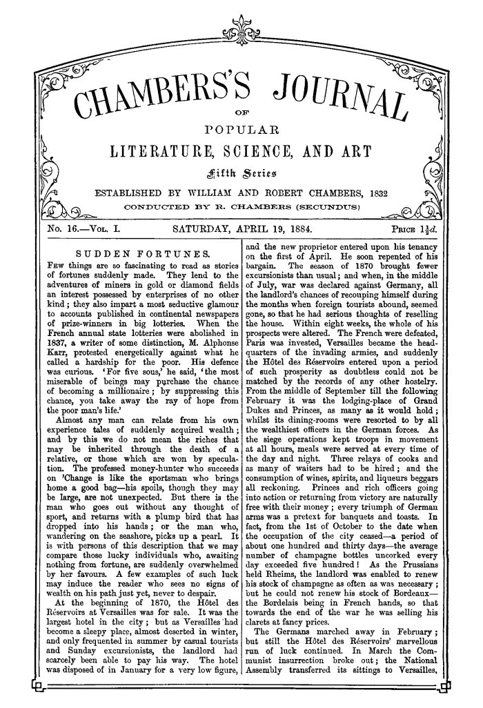 Popüler Edebiyat, Bilim ve Sanat Dergisi, Beşinci Seri, No. 16, Cilt I, 19 Nisan 1884