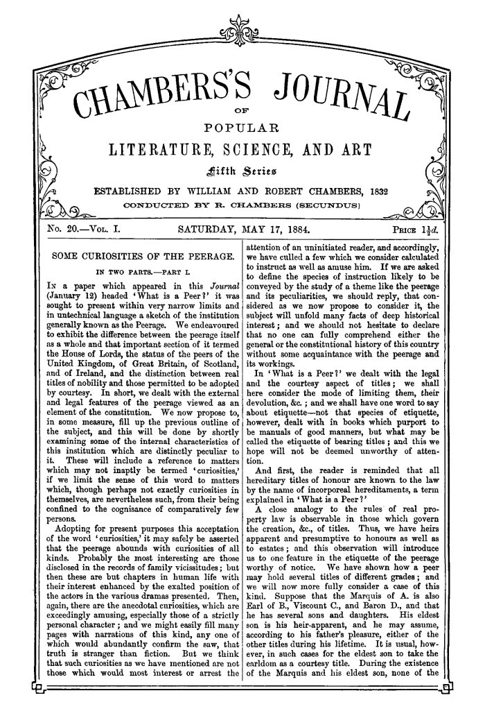 Chambers's Journal of Popular Literature, Science, and Art, Fifth Series, No. 20, Vol. I, May 17, 1884