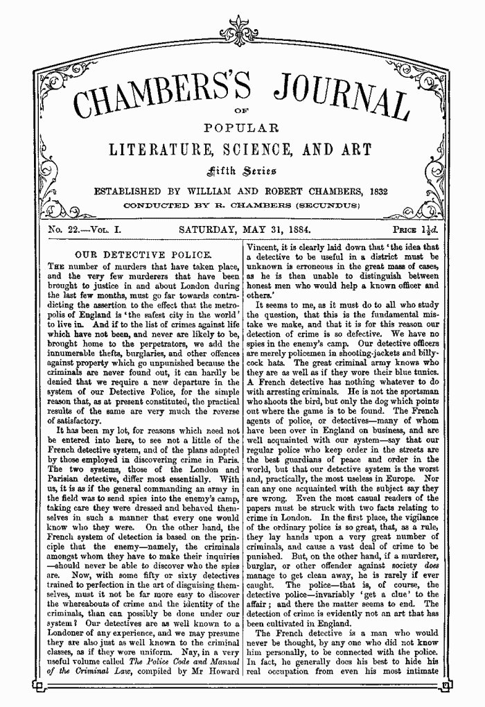 Chambers'ın Halk Edebiyatı, Bilim ve Sanat Dergisi, Beşinci Seri, Sayı 22, Cilt I, 31 Mayıs 1884