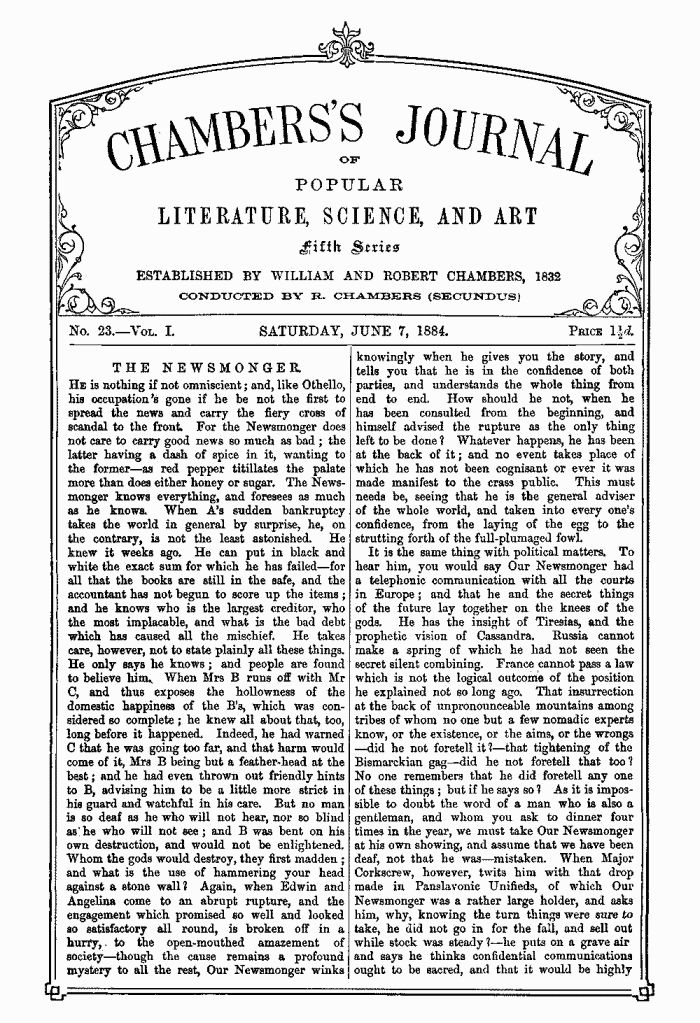 Chambers's Journal of Popular Literature, Science, and Art, Fifth Series, No. 23, Vol. I, June 7, 1884