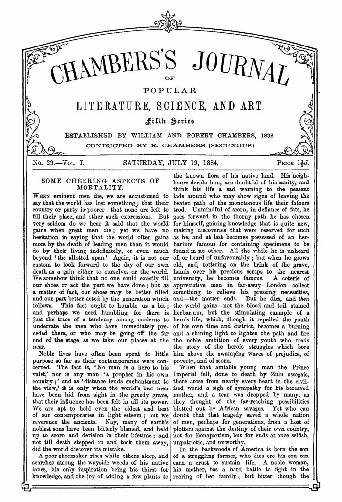 Chambers's Journal of Popular Literature, Science, and Art, Fifth Series, No. 29, Vol. I, July 19, 1884