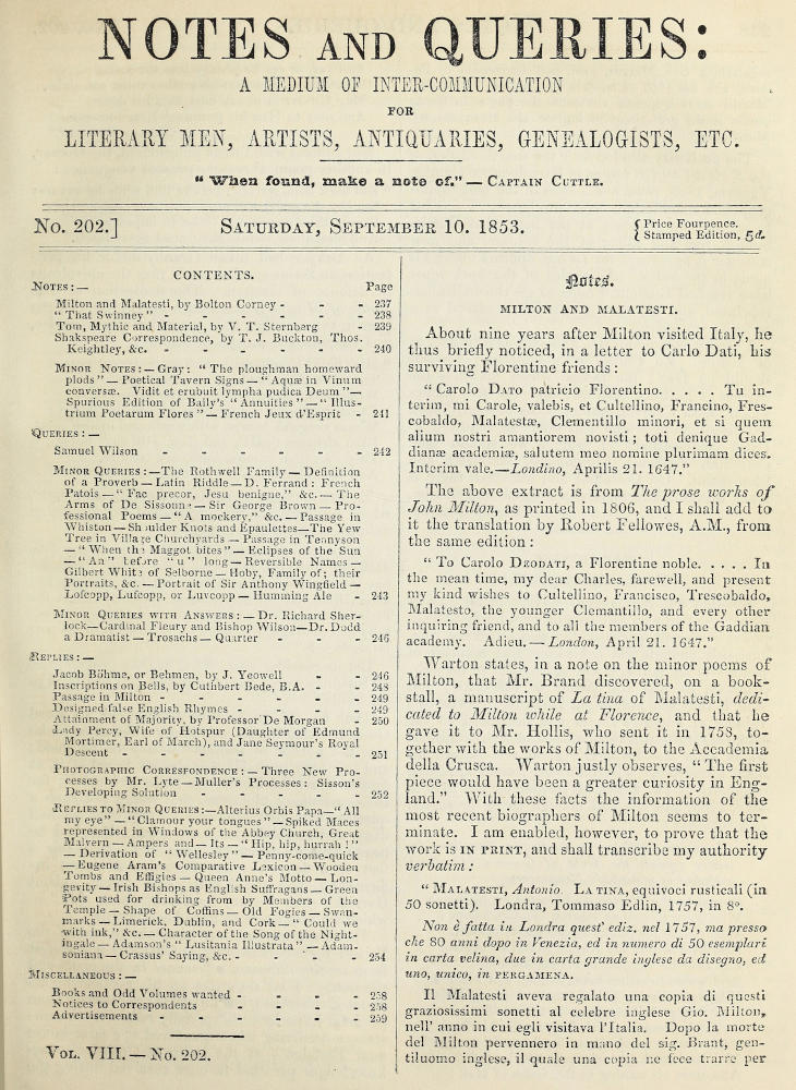 Notes and Queries, Number 202, September 10, 1853&#10;A Medium of Inter-communication for Literary Men, Artists, Antiquaries, Geneologists, etc.