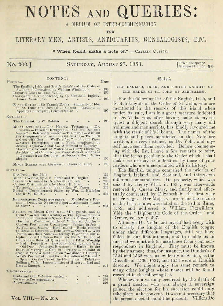 Notes and Queries, Number 200, August 27, 1853&#10;A Medium of Inter-communication for Literary Men, Artists, Antiquaries, Geneologists, etc.