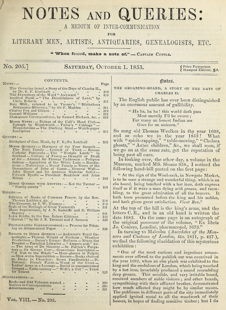 Notes and Queries, Number 205, October 1, 1853&#10;A Medium of Inter-communication for Literary Men, Artists, Antiquaries, Geneologists, etc.