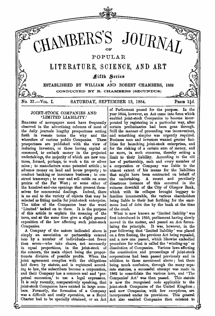 Chambers'ın Popüler Edebiyat, Bilim ve Sanat Dergisi, Beşinci Seri, No. 37, Cilt I, 13 Eylül 1884