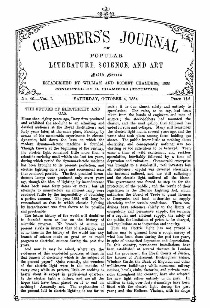 Chambers's Journal of Popular Literature, Science, and Art, Fifth Series, No. 40, Vol. I, October 4, 1884