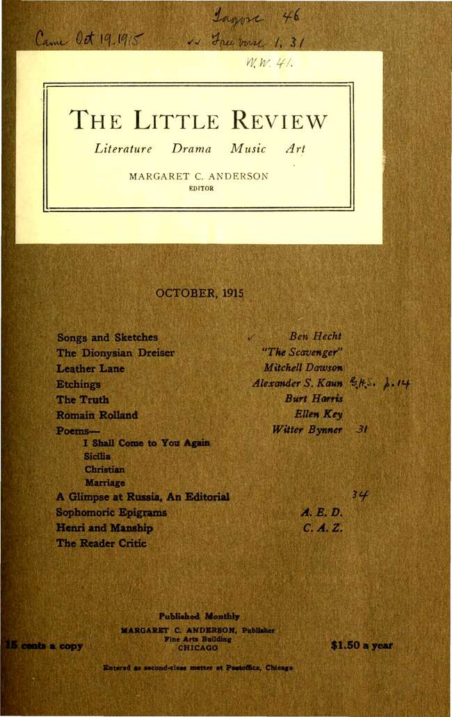 The Little Review, October 1915 (Vol. 2, No. 7)