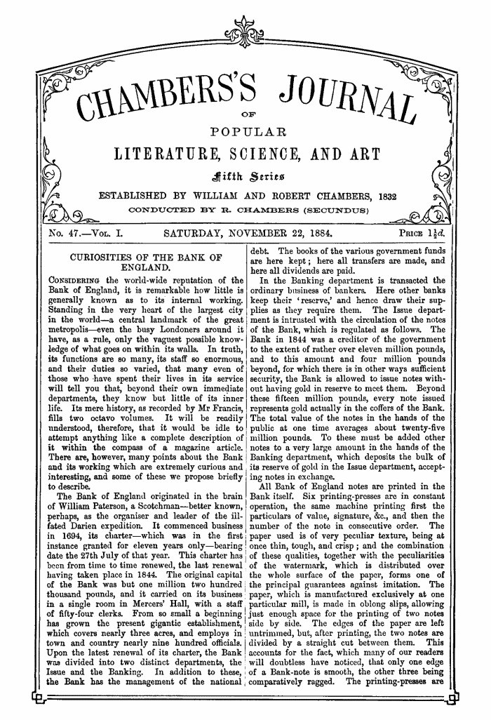 Chambers's Journal of Popular Literature, Science, and Art, Fifth Series, No. 47, Vol. I, November 22, 1884