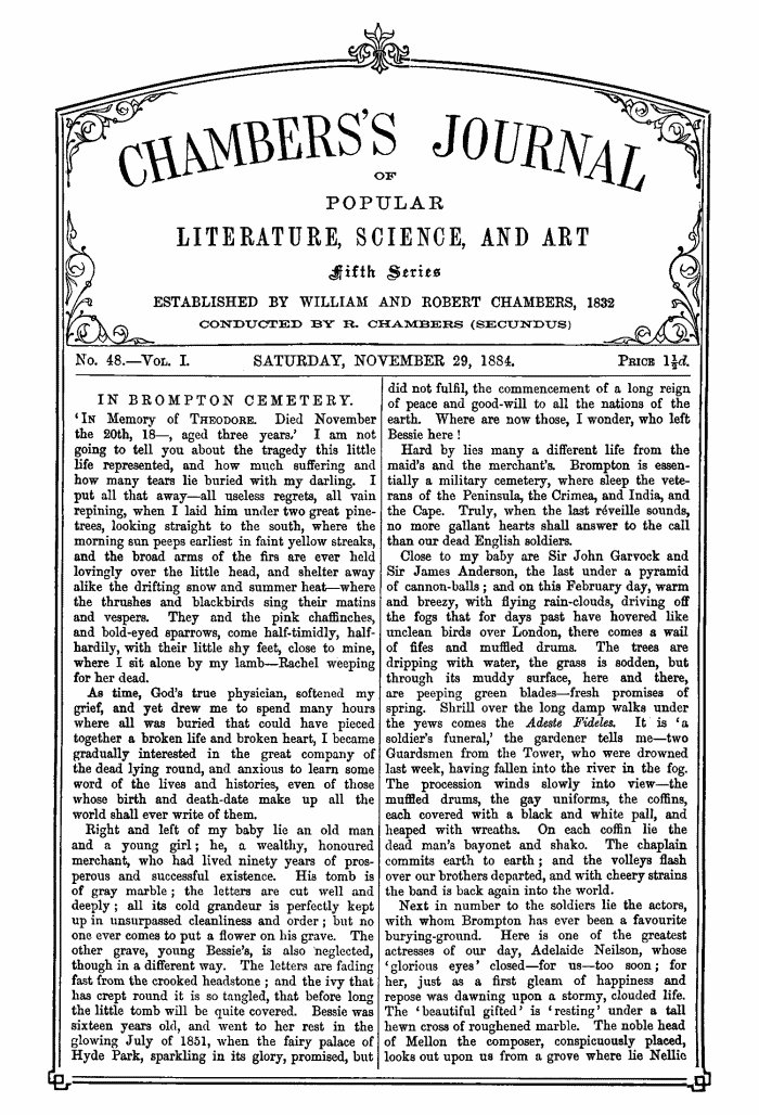 Chambers'ın Popüler Edebiyat, Bilim ve Sanat Dergisi, Beşinci Seri, Sayı 48, Cilt I, 29 Kasım 1884