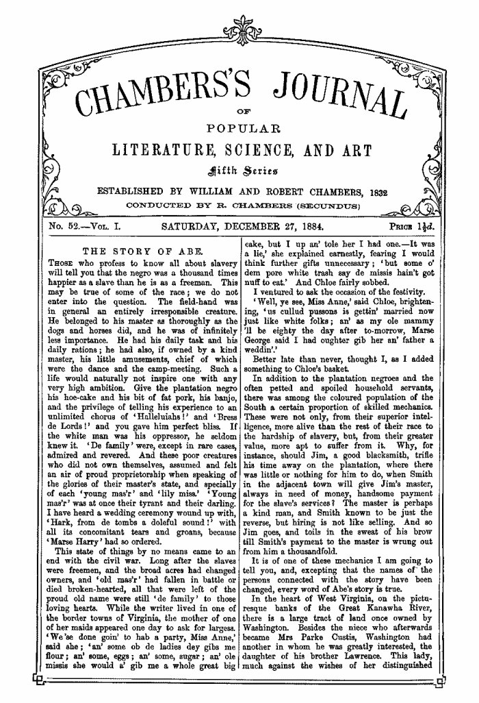 Popüler Edebiyat, Bilim ve Sanat Dergisi, Beşinci Seri, No. 52, Cilt I, 27 Aralık 1884