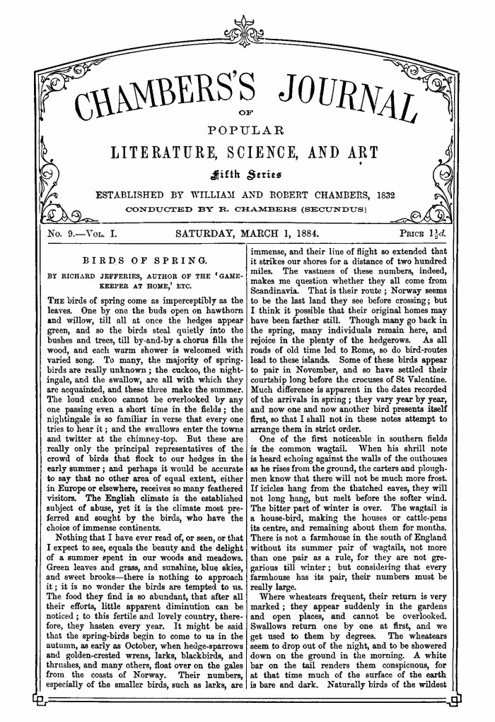 Chambers's Journal of Popular Literature, Science, and Art, Fifth Series, No. 9, Vol. I, March 1, 1884