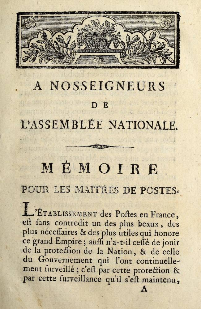 A Nosseigneurs de l'Assemblée nationale: Mémoire pour les maîtres de postes