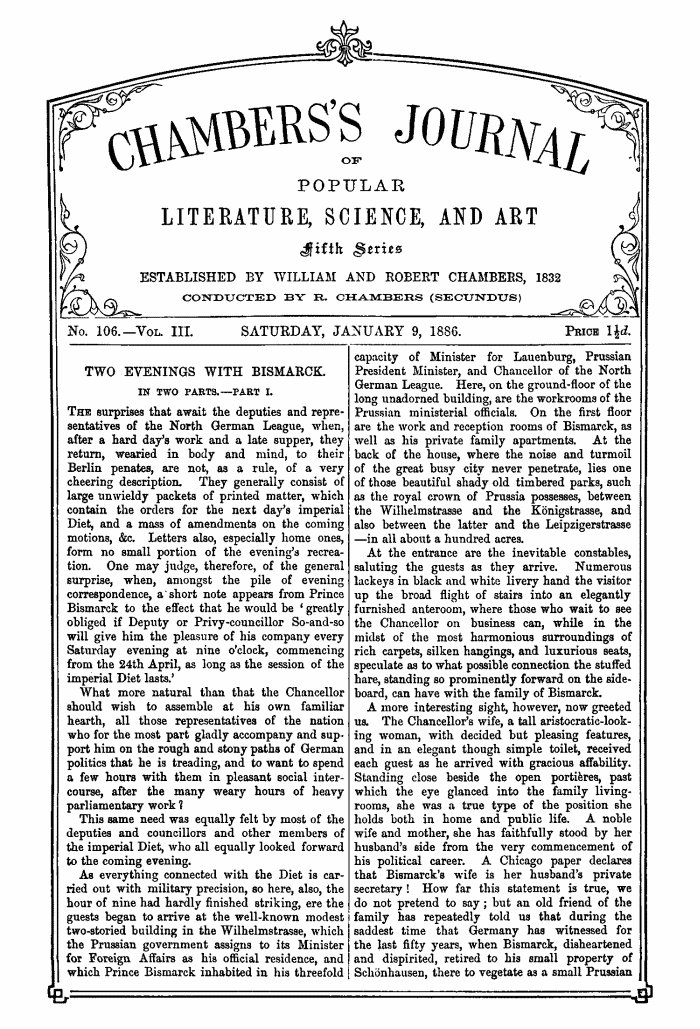 Chambers's Journal of Popular Literature, Science, and Art, Fifth Series, No. 106, Vol. III, January 9, 1886