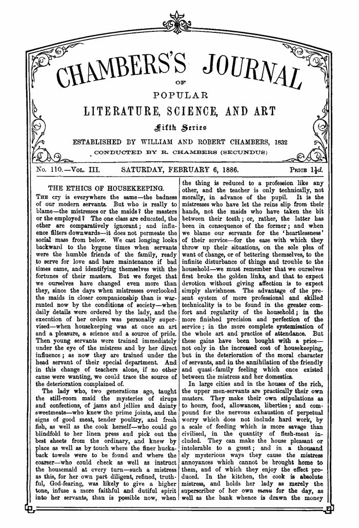 Chambers's Journal of Popular Literature, Science, and Art, Fifth Series, No. 110, Vol. III, February 6, 1886