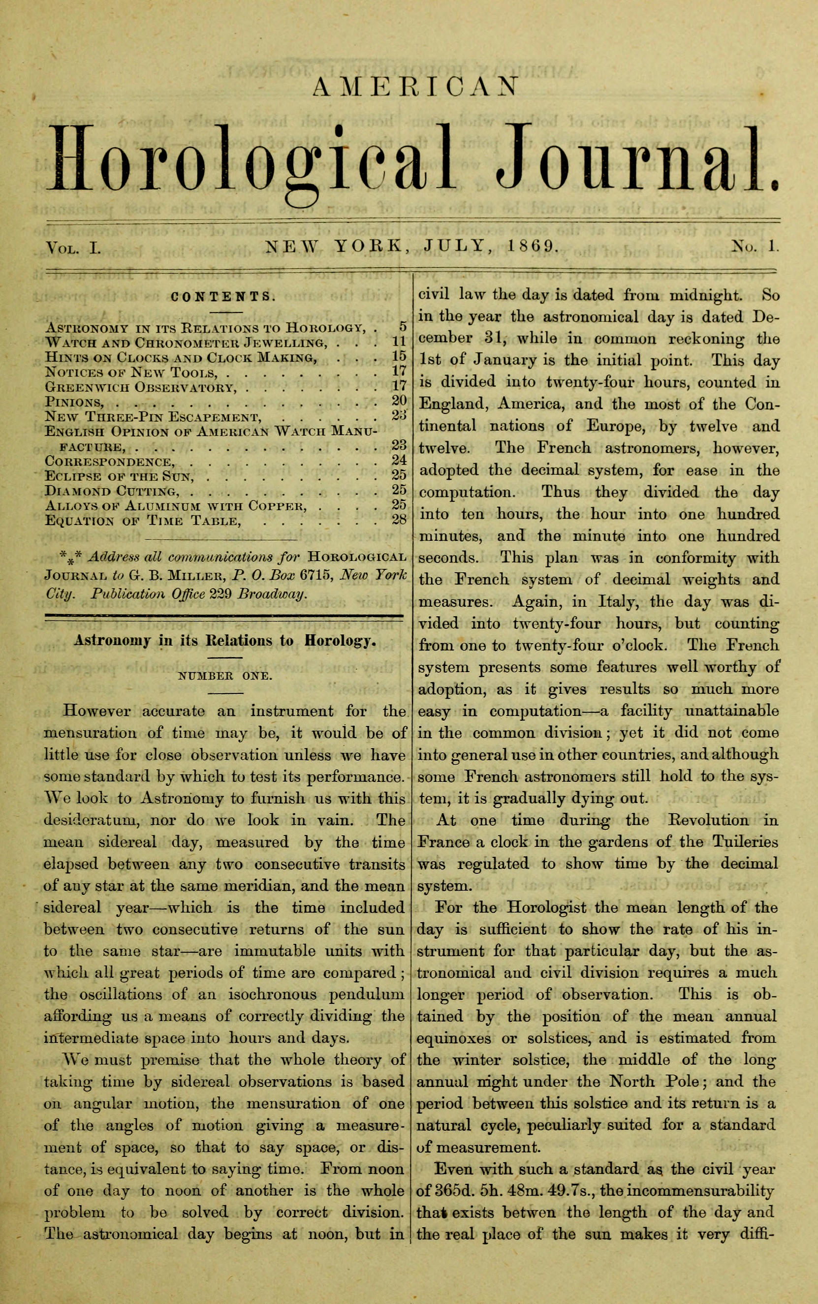 American Horological Journal, Vol. I, No. 1, July 1869: Devoted to Pratical Horology