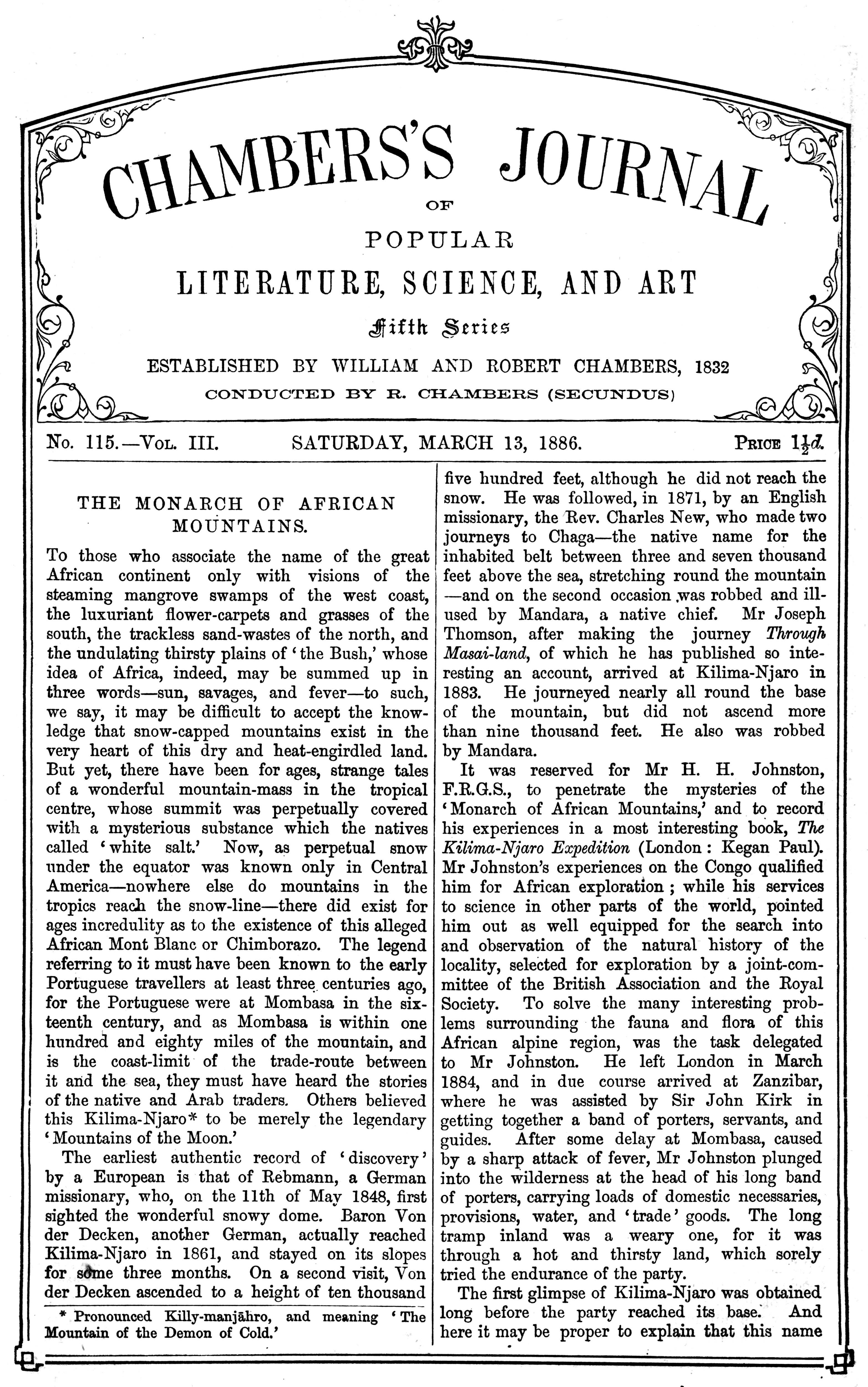 Chambers's Journal of Popular Literature, Science, and Art, Fifth Series, No. 115, Vol. III, March 13, 1886