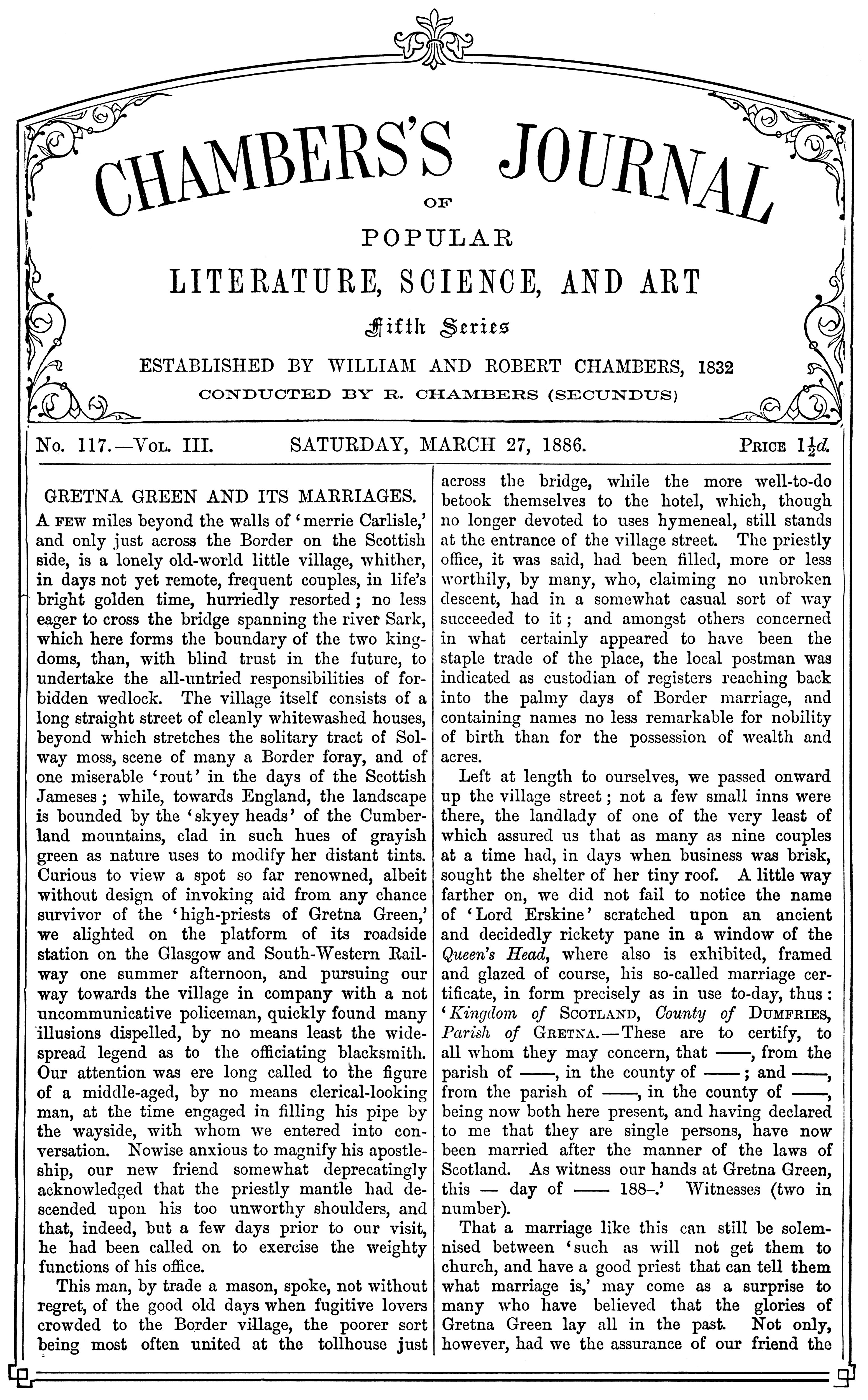 Chambers's Journal of Popular Literature, Science, and Art, fifth series, no. 117, vol. III, March 27, 1886