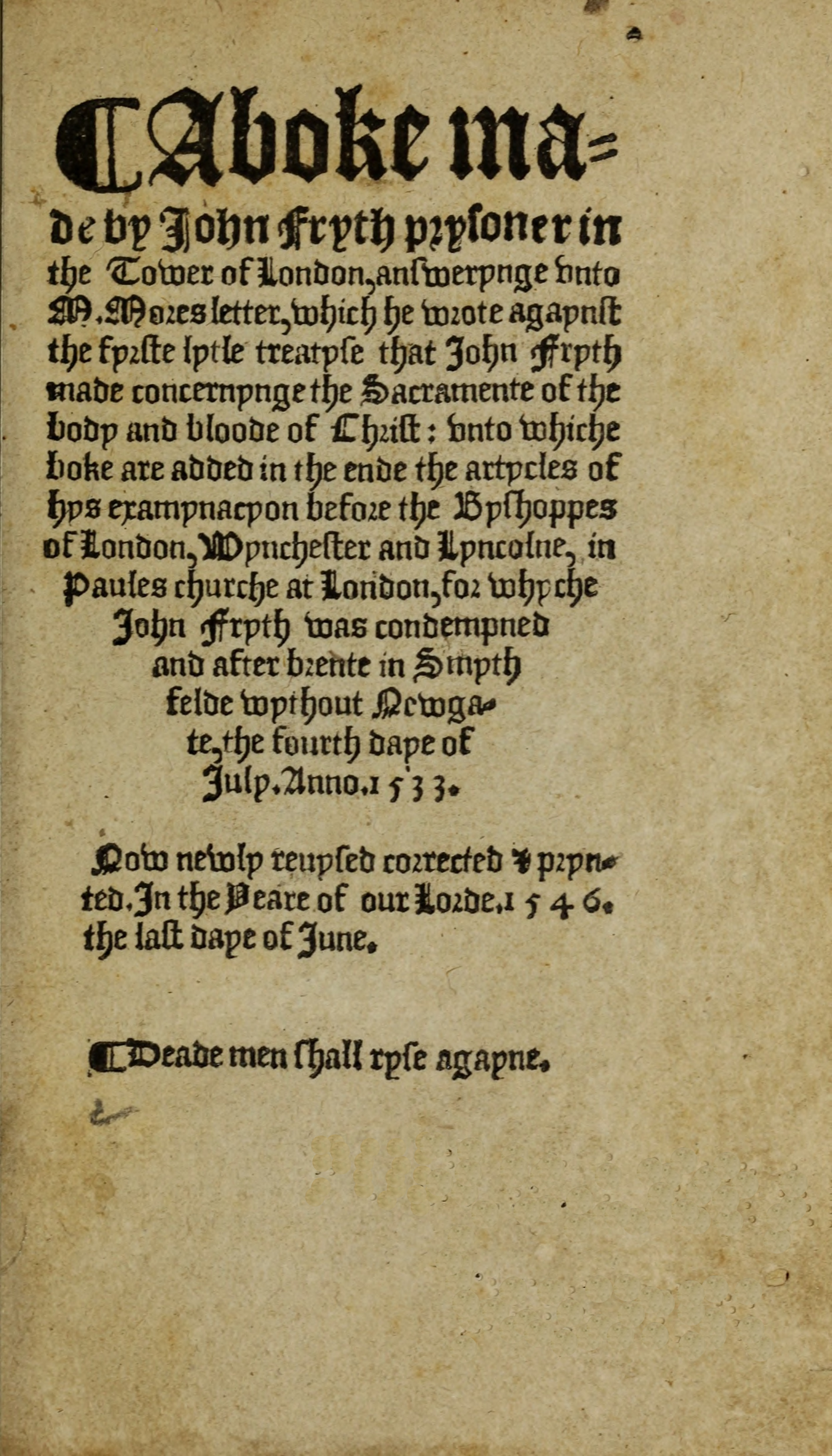 A boke made by John Fryth, prysoner in the Tower of London&#10;answerynge unto M. Mores letter, which he wrote agaynst the fyrste lytle treatyse that John Fryth made, concernynge the sacramente of the body and bloude of Christ