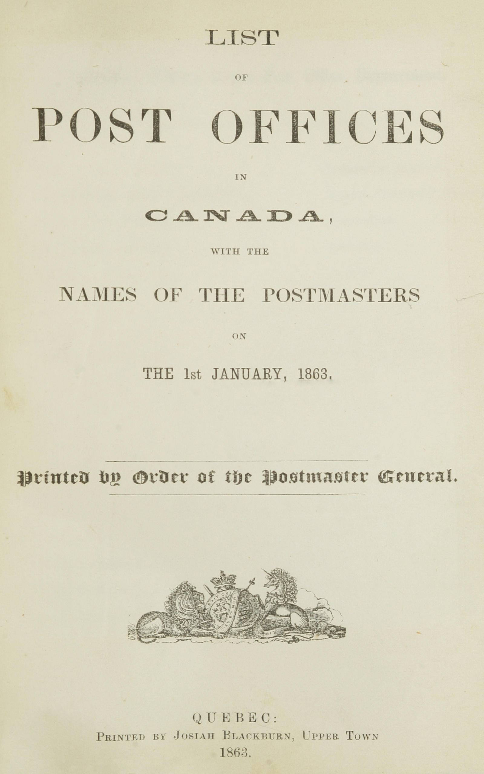 List of Post Offices in Canada, with the names of the postmasters ... 1863