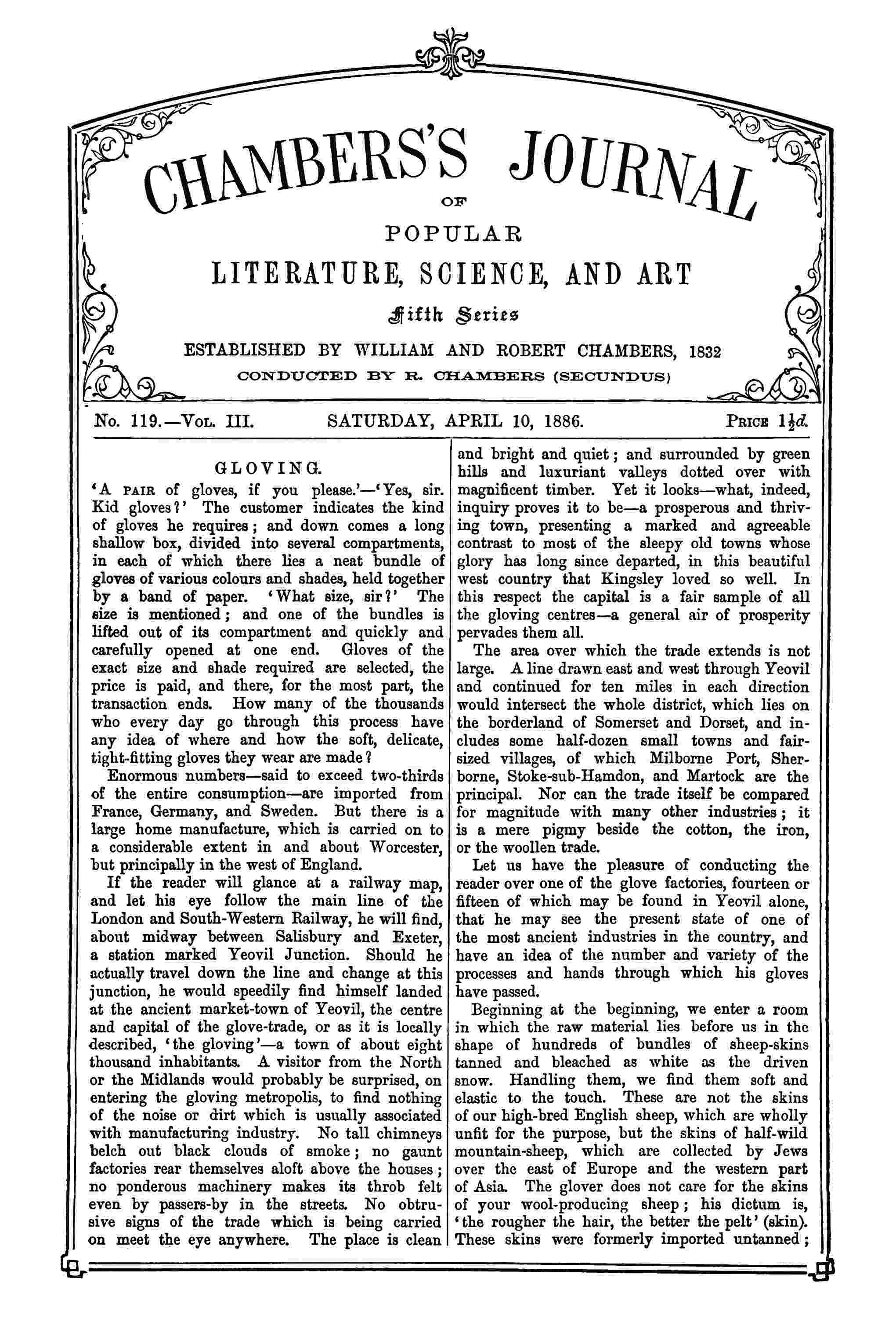 Chambers'ın Halk Edebiyatı, Bilim ve Sanat Dergisi, Beşinci Seri, Sayı 119, Cilt III, 4 Nisan 1886